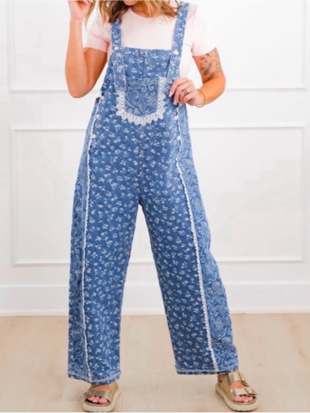 Davi & Dani Women’s Blue Floral Cotton Jean  Overalls One-Piece NWT